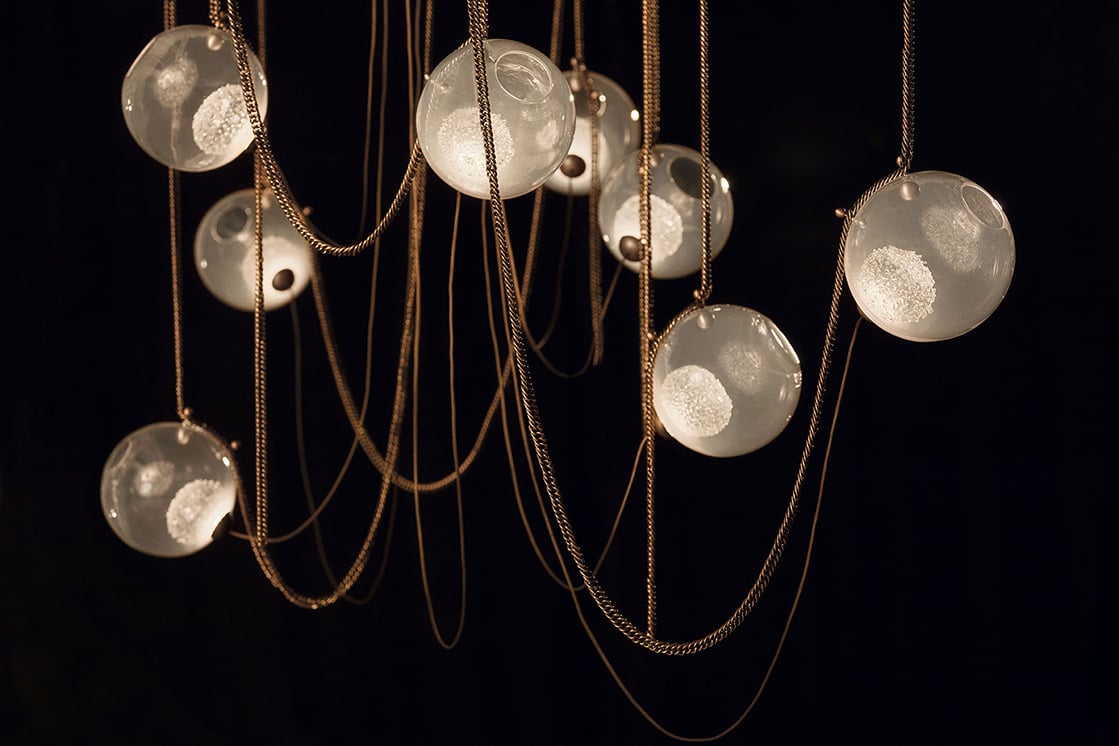 Larose Guyon Abysse 08 Chandelier 8 Pendant Dark Aged Brass Hand Blown Glass Aged Brass Chain Suspension Room Furniture